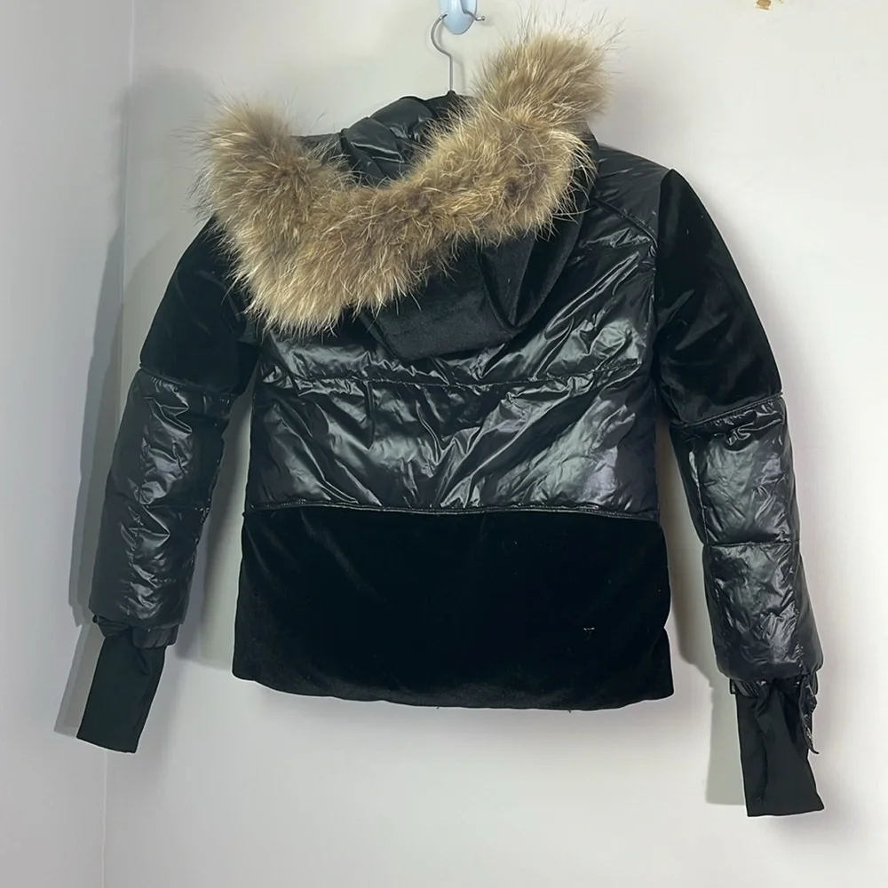 Manteau jr duck down puffer coat reversible velvet, raccoon fur hood